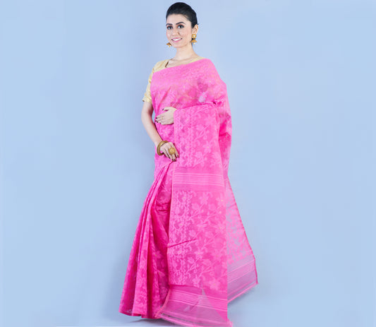 Handloom Jamdani Saree With all Body Work - Pink - ArtisanSoul