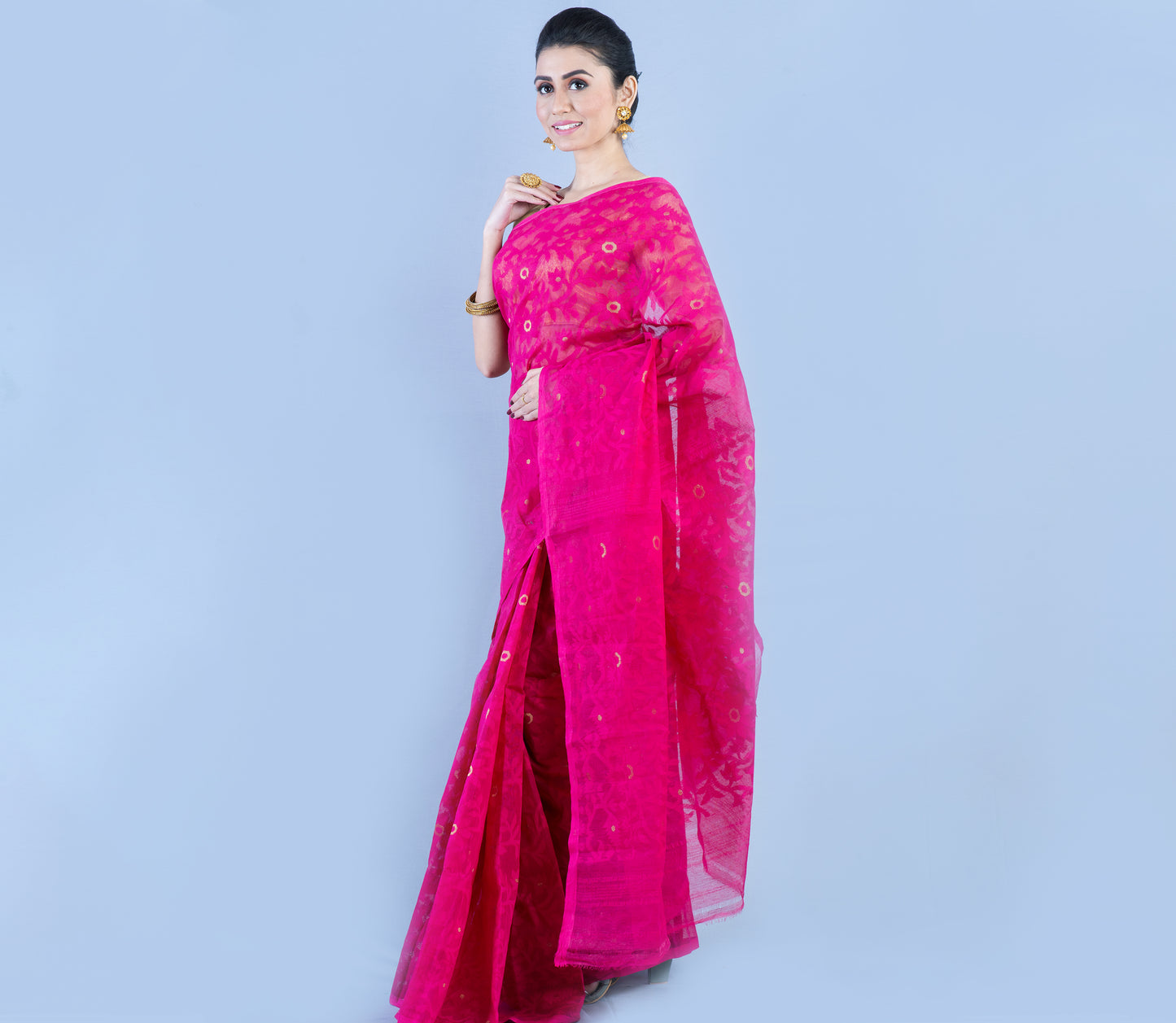 Handloom Jamdani Saree with all Body Work - Deep Pink