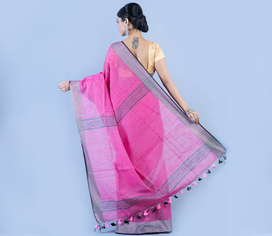Handloom Saree - Pink with Checkered Zari Par - ArtisanSoul