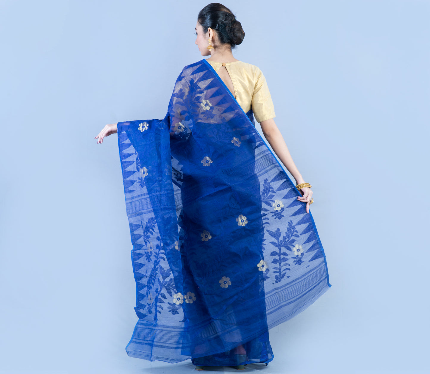 Handloom Jamdani Saree - Navy Blue - ArtisanSoul