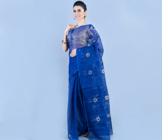Handloom Jamdani Saree - Navy Blue - ArtisanSoul