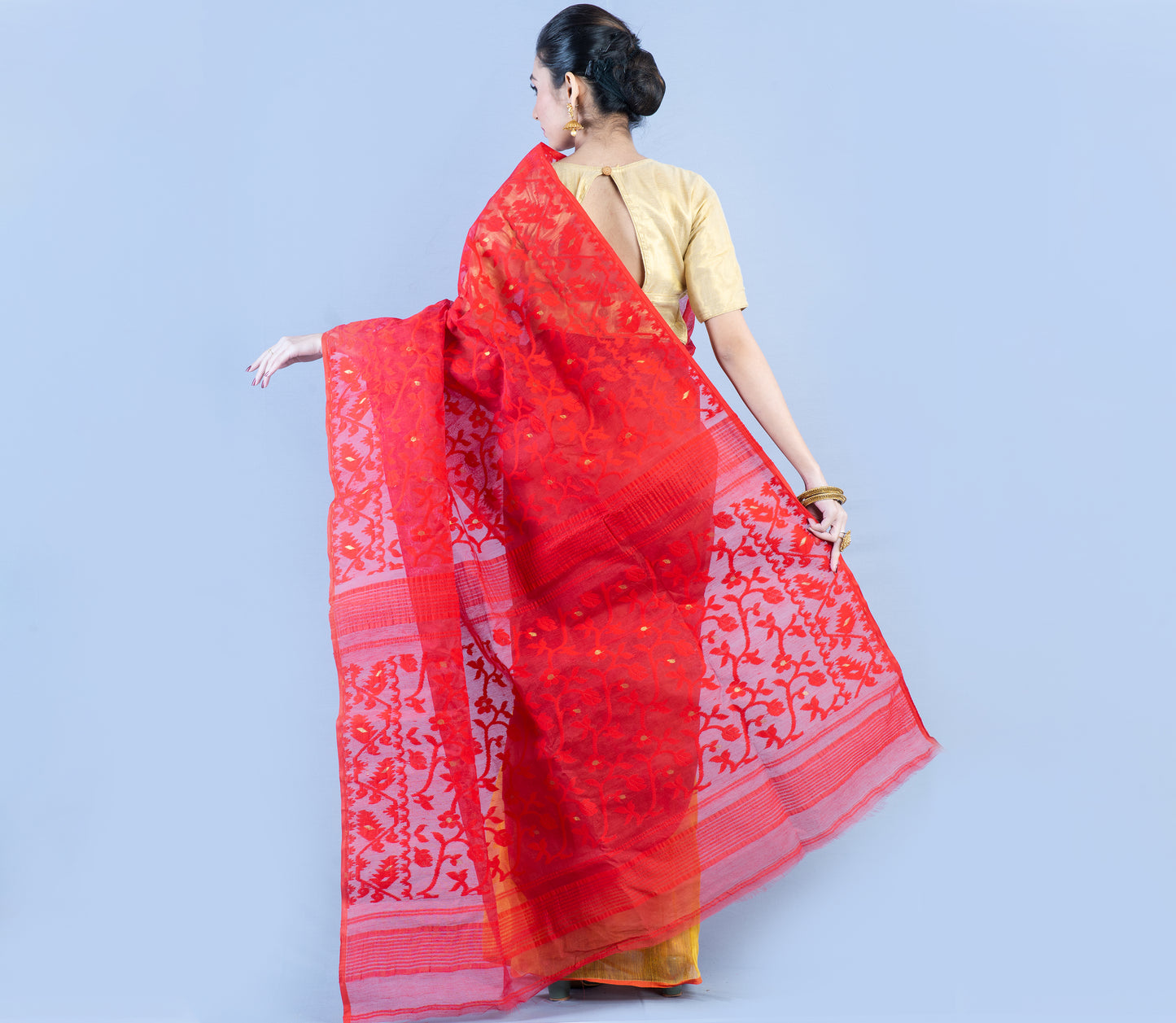 Handloom Jamdani Saree - Red and Yellow - ArtisanSoul