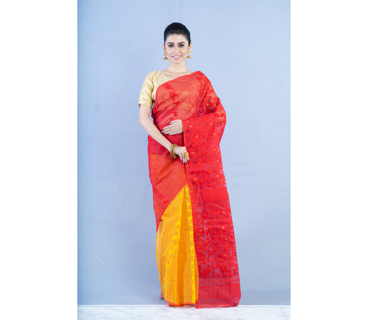 Handloom Jamdani Saree - Red and Yellow - ArtisanSoul