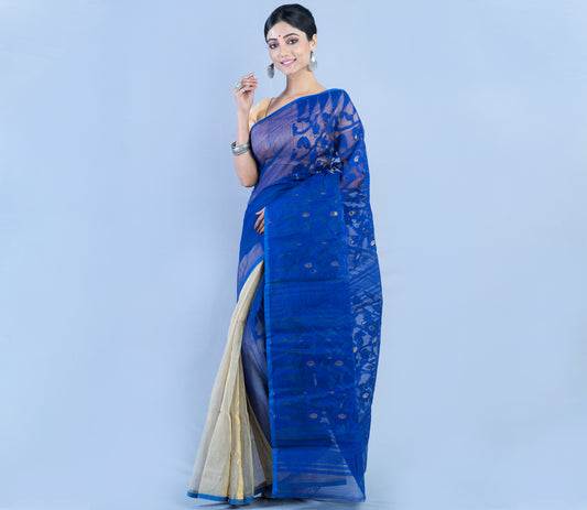 Handloom Jamdani Saree - Blue & White - ArtisanSoul