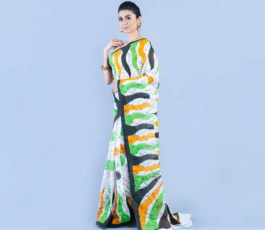 Handloom Printed Cotton saree - Yellow Green & Black On White - ArtisanSoul