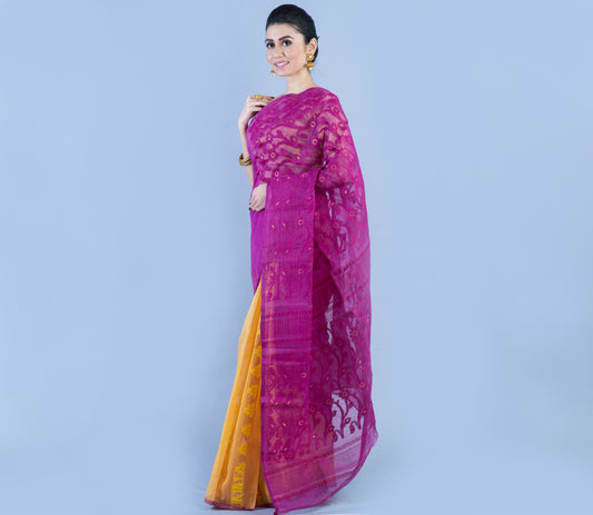 Handloom Jamdani Saree - Yellow and Purple - ArtisanSoul