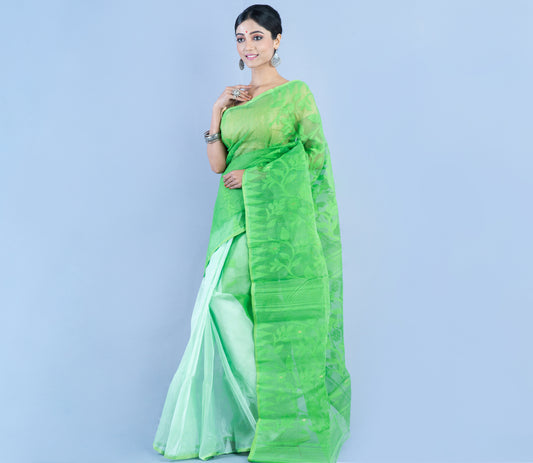 Handloom Jamdani Saree - Green and White - ArtisanSoul
