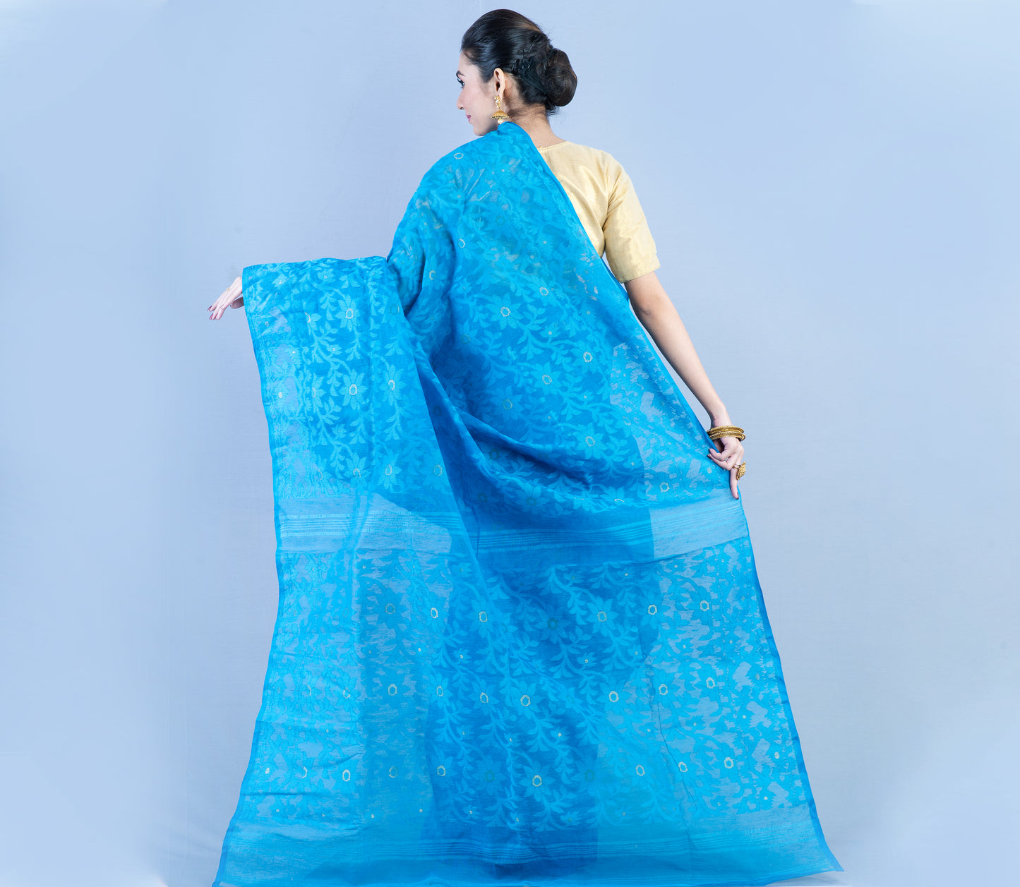 Handloom Jamdani Saree with all body Work - Azure Blue - ArtisanSoul