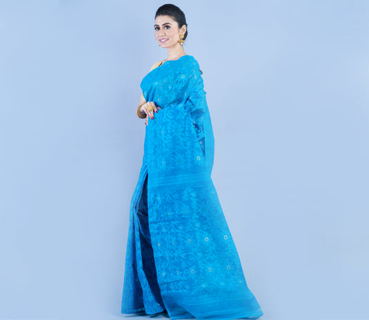 Handloom Jamdani Saree with all body Work - Azure Blue - ArtisanSoul