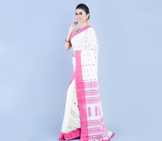 Neemki Kaj on Handloom Saree - White & Pink - ArtisanSoul