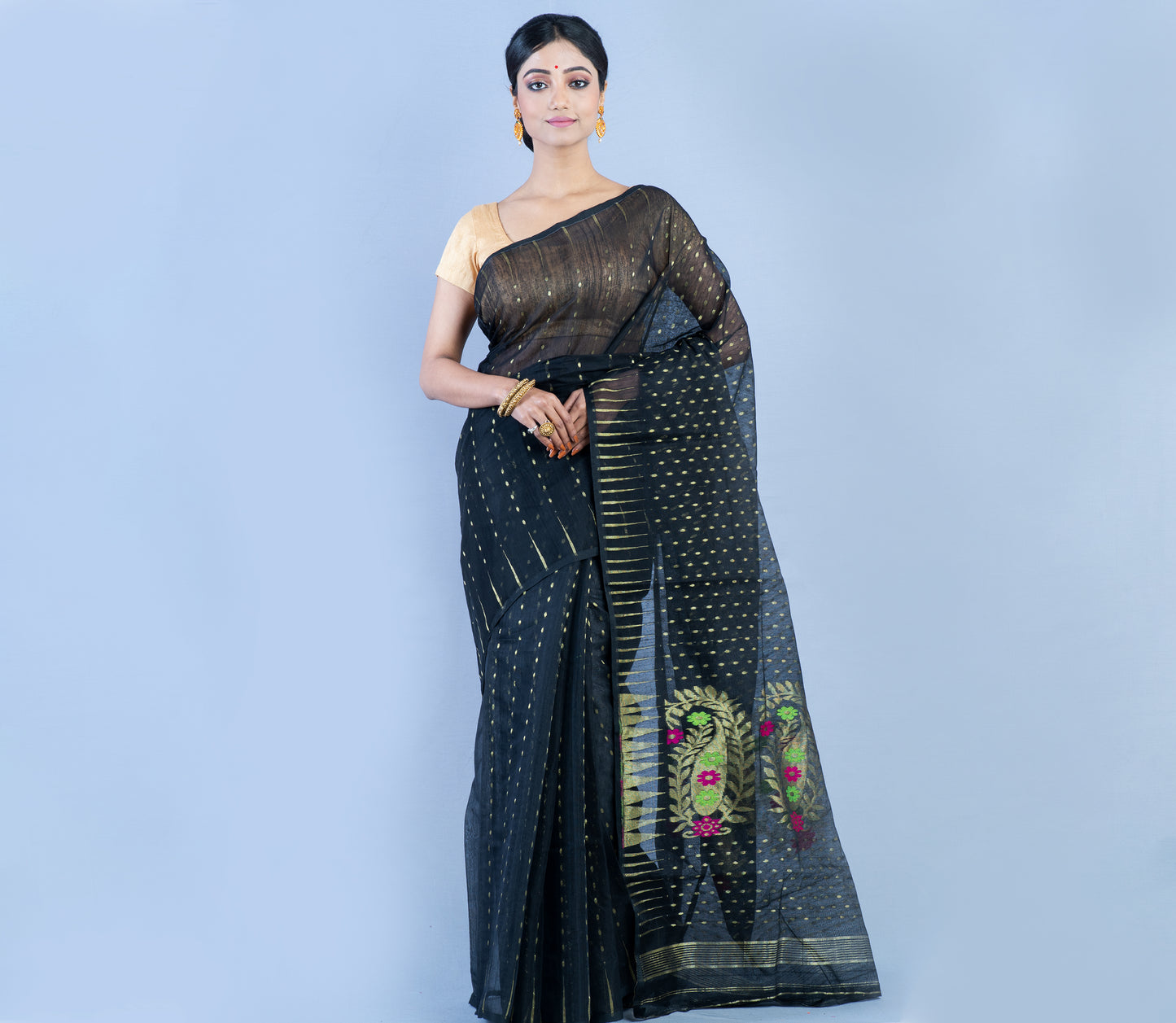 Handloom Saree with Zari Work all over the Saree - Black - ArtisanSoul
