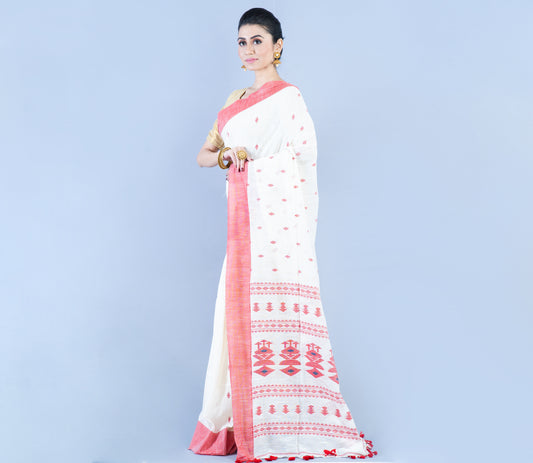Neemki Kaj on Handloom Saree - White & Red - ArtisanSoul