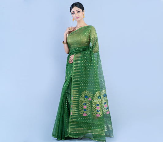 Handloom Saree with all over Zari work on saree - Bottle Green - ArtisanSoul