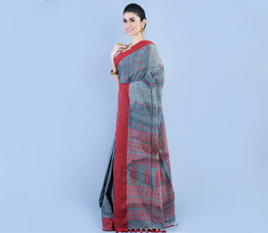 Neemki Kaj on Handloom Saree - Gray & Red - ArtisanSoul