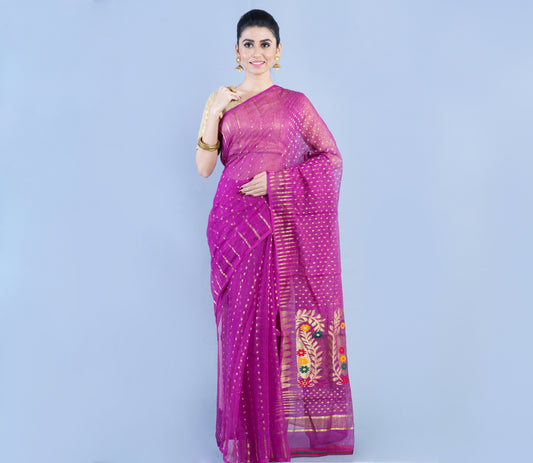 Handloom Saree with Zari Work all over the Saree - Purple - ArtisanSoul