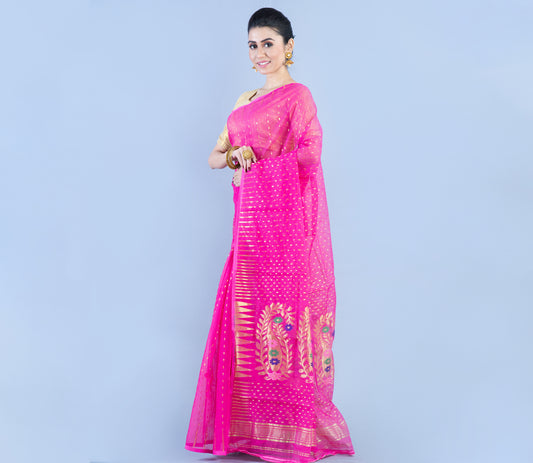 Handloom Saree with Zari Work all over the Saree - Pink - ArtisanSoul