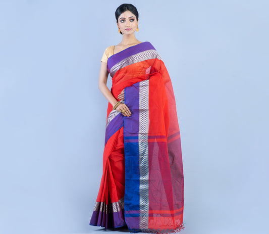 Handloom Tant Saree - Red With Violet Par - ArtisanSoul