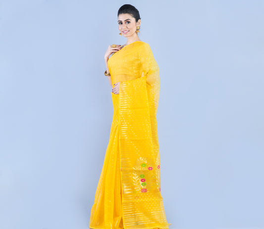 Handloom Saree with all over Zari Work - Yellow - ArtisanSoul
