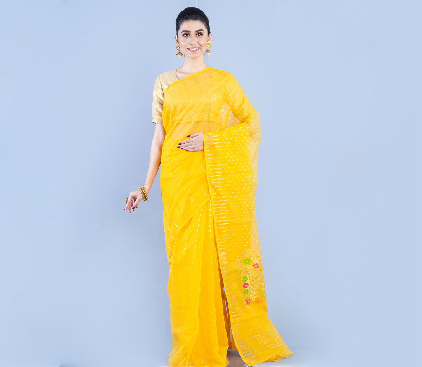 Handloom Saree with all over Zari Work - Yellow - ArtisanSoul