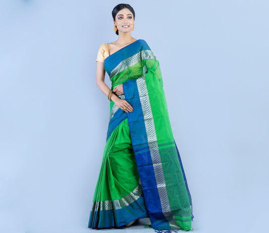 Tant Saree - Green With Blue Par - ArtisanSoul