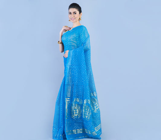 Handloom Saree With All over Zari Work - Blue - ArtisanSoul