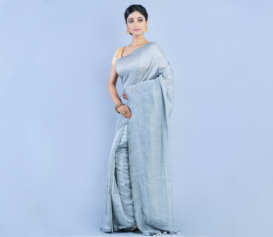 Handloom Saree - Silver - ArtisanSoul
