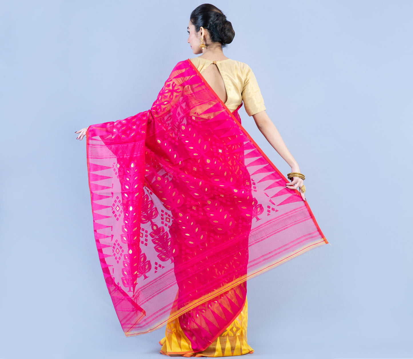 Minakari Jamdani Saree - Pink and Yellow - ArtisanSoul