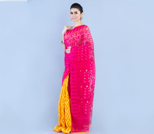 Minakari Jamdani Saree - Pink and Yellow - ArtisanSoul