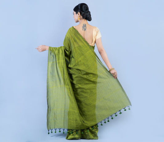Handloom Saree - Olive Green - ArtisanSoul