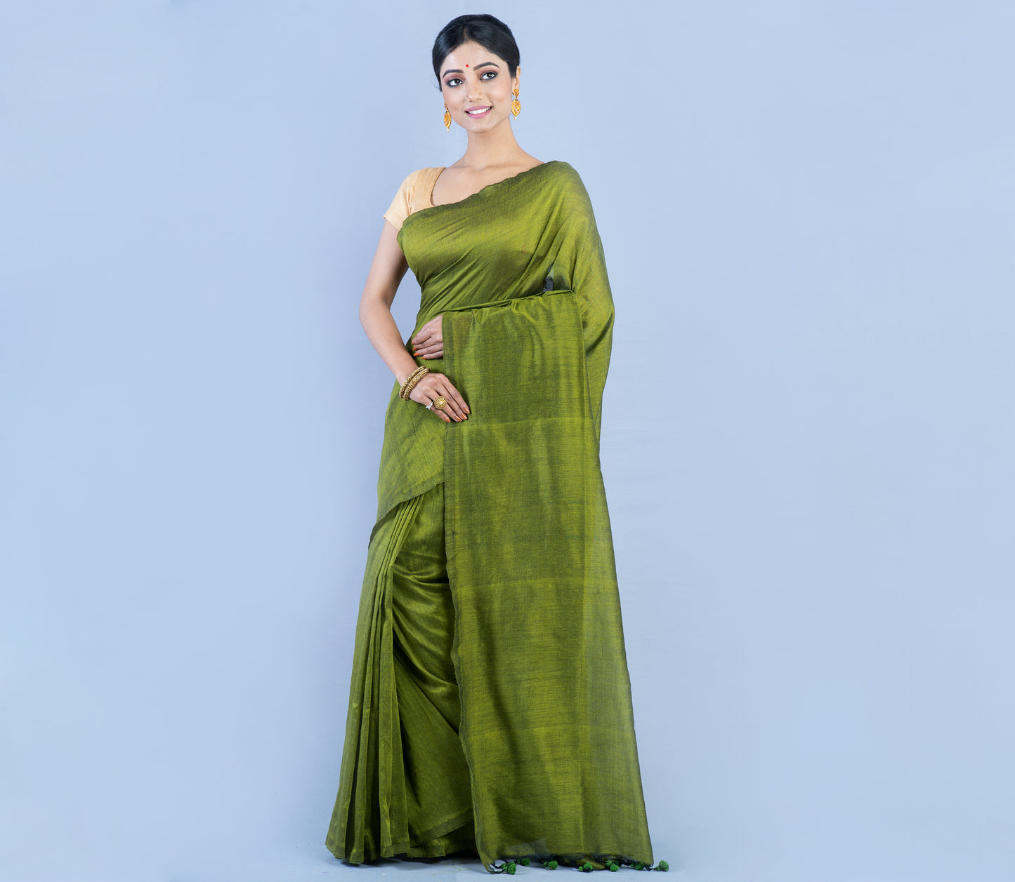 Handloom Saree - Olive Green - ArtisanSoul