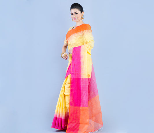 Handloom Saree With Ganga Jamuna Par - Pink & Orange on Yellow - ArtisanSoul