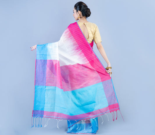 Handloom Saree With Ganga - Jamuna Par - Pink & Blue on White - ArtisanSoul