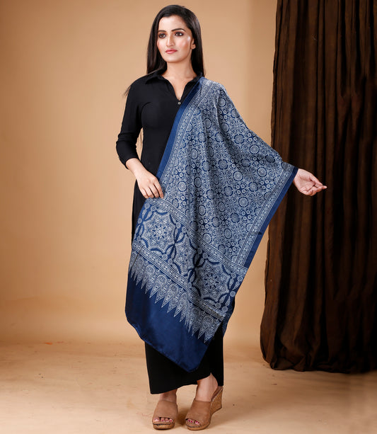 Ajrakh Print Modal Silk Stole From Bengal - Blue - ArtisanSoul