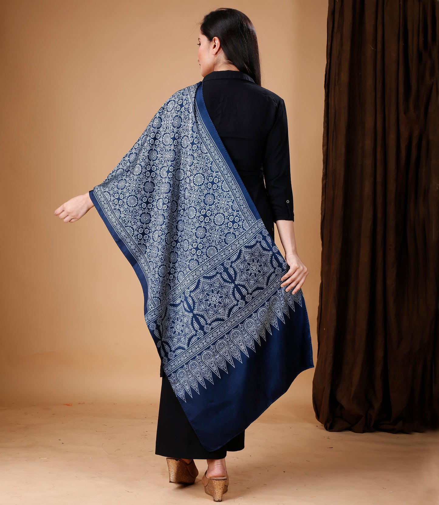 Ajrakh Print Modal Silk Stole From Bengal - Blue - ArtisanSoul