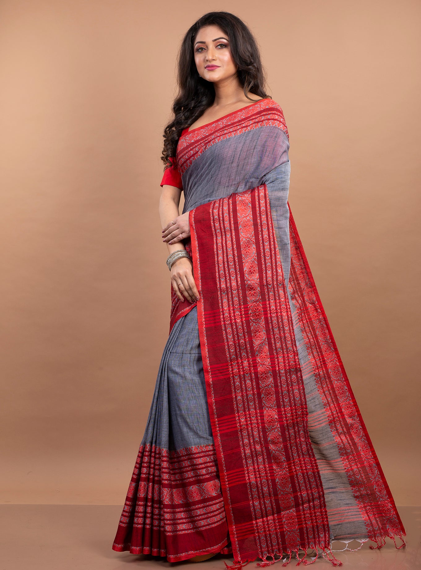 Handloom Cotton Saree - Grey with Red Paar - ArtisanSoul