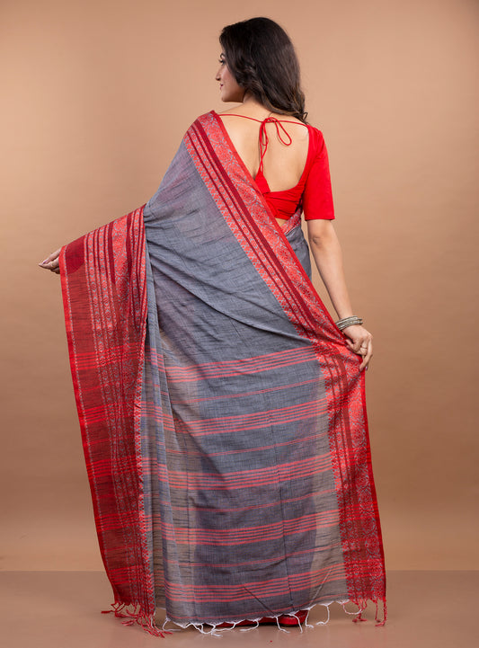 Handloom Cotton Saree - Grey with Red Paar - ArtisanSoul