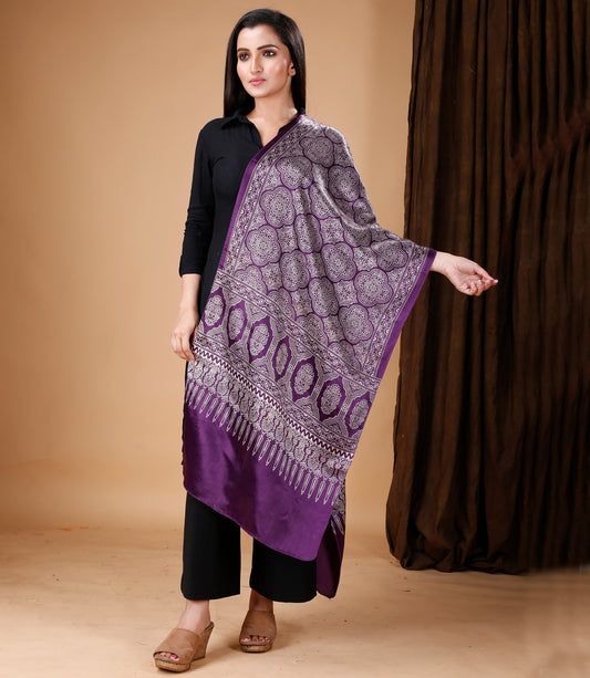 Ajrakh Print Modal Silk Stole From Bengal - Violet - ArtisanSoul