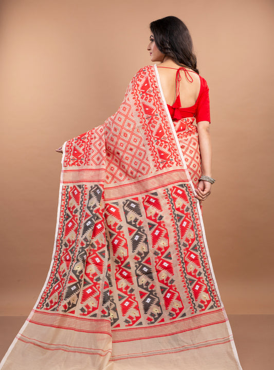 Handloom Jamdani Saree - Red on Off white - ArtisanSoul