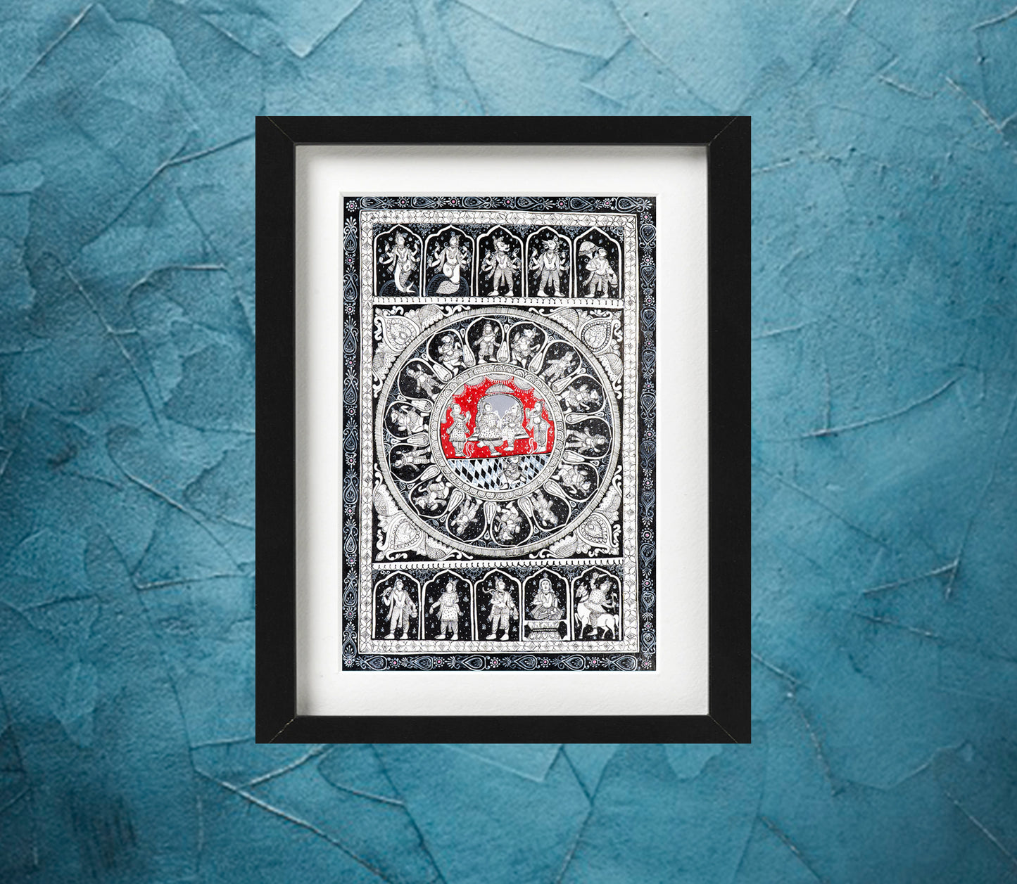 Avatars of Lord Vishnu on Pattachitra in Black and White with Red Designs - ArtisanSoul