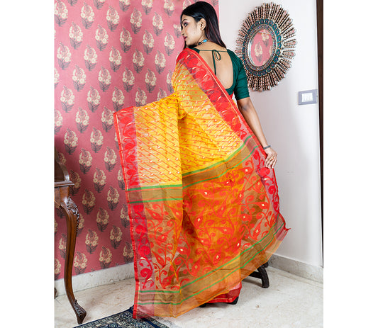Handloom Jamdani Anchal Kuchi - Red and Yellow - ArtisanSoul