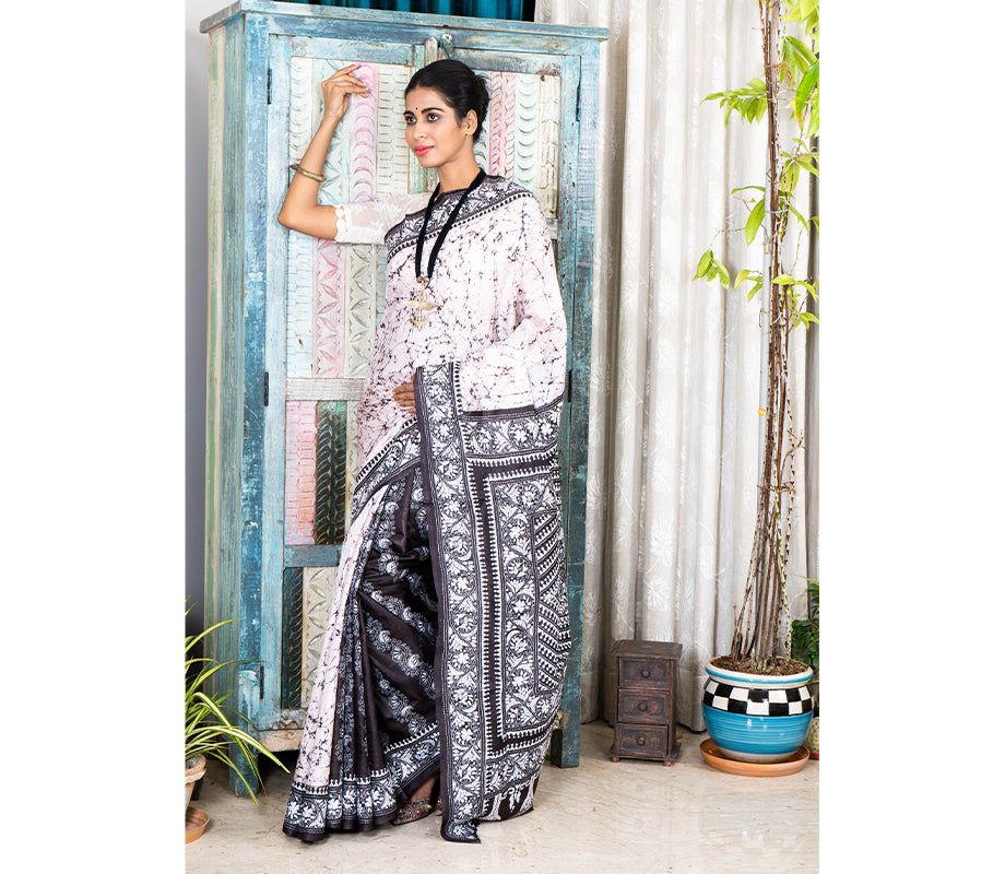 Kantha Stitch Work on Batik Printed Saree - White and Black
