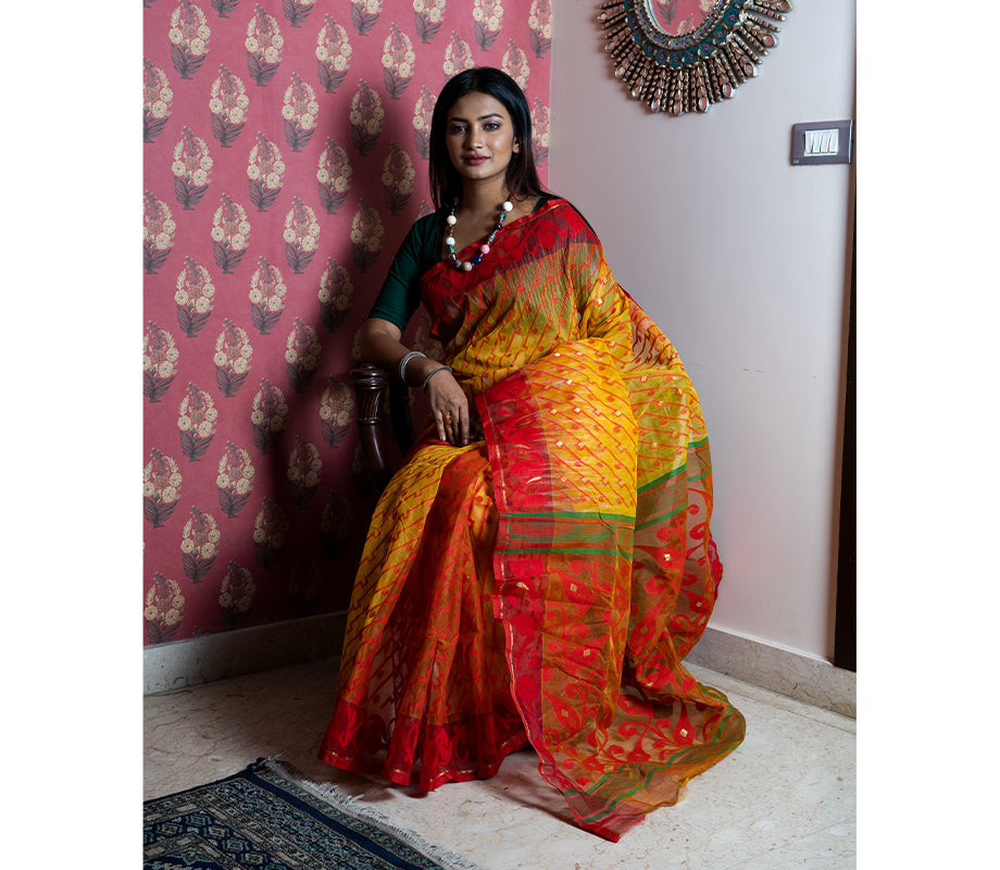 Handloom Jamdani Anchal Kuchi - Red and Yellow - ArtisanSoul