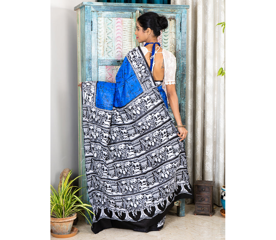 Kantha Stitch Work on Batik Printed Saree - Blue and Black