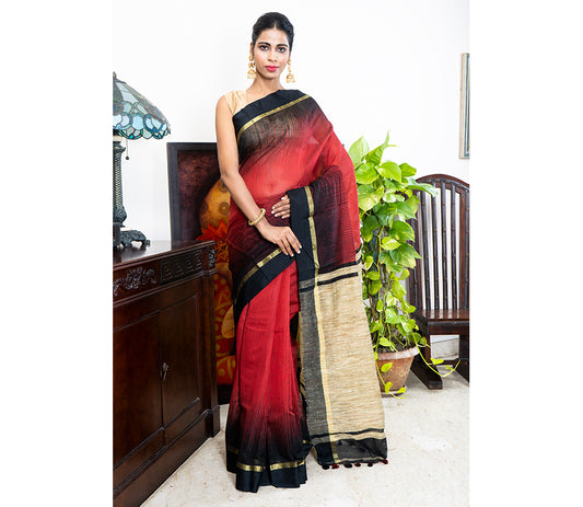 Handloom Ikkat Saree with Gheecha Anchal - Maroon - ArtisanSoul