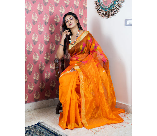 Handloom Muslin Silk Saree with Matka Paar - Orange With Leaf Design - ArtisanSoul