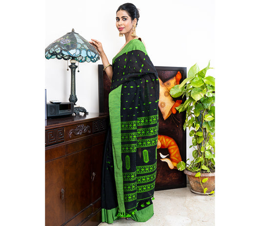 Neemki Kaj on Handloom Saree - Black - ArtisanSoul