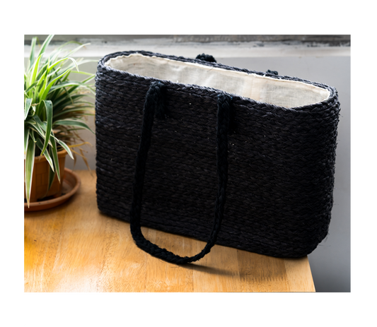 Sabai Grass Hand Bag with Cloth lining - Black (Rectangle) - ArtisanSoul