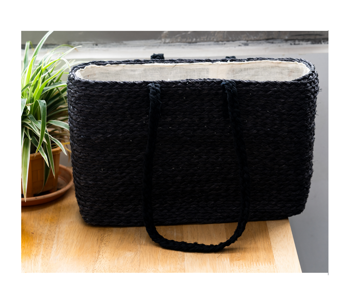 Sabai Grass Hand Bag with Cloth lining - Black (Rectangle) - ArtisanSoul