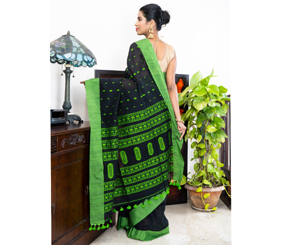 Neemki Kaj on Handloom Saree - Black - ArtisanSoul