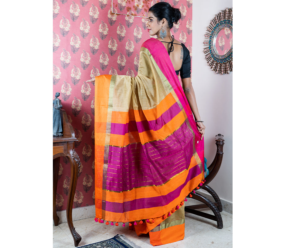 Handloom Saree All Over - Orange and Purple - ArtisanSoul